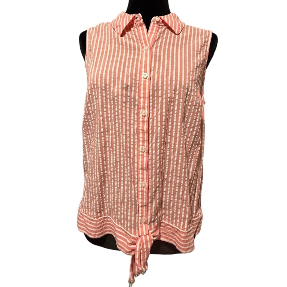 Elle Shirt Sz M Pink White Sleeveless ButtonDown Distressed Tie Waistband EUC